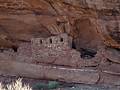 Looking across the canyon at ruins tycked in an alcove beneath a large overhang