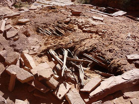 View of a partial intact roof on  one of the kivas 